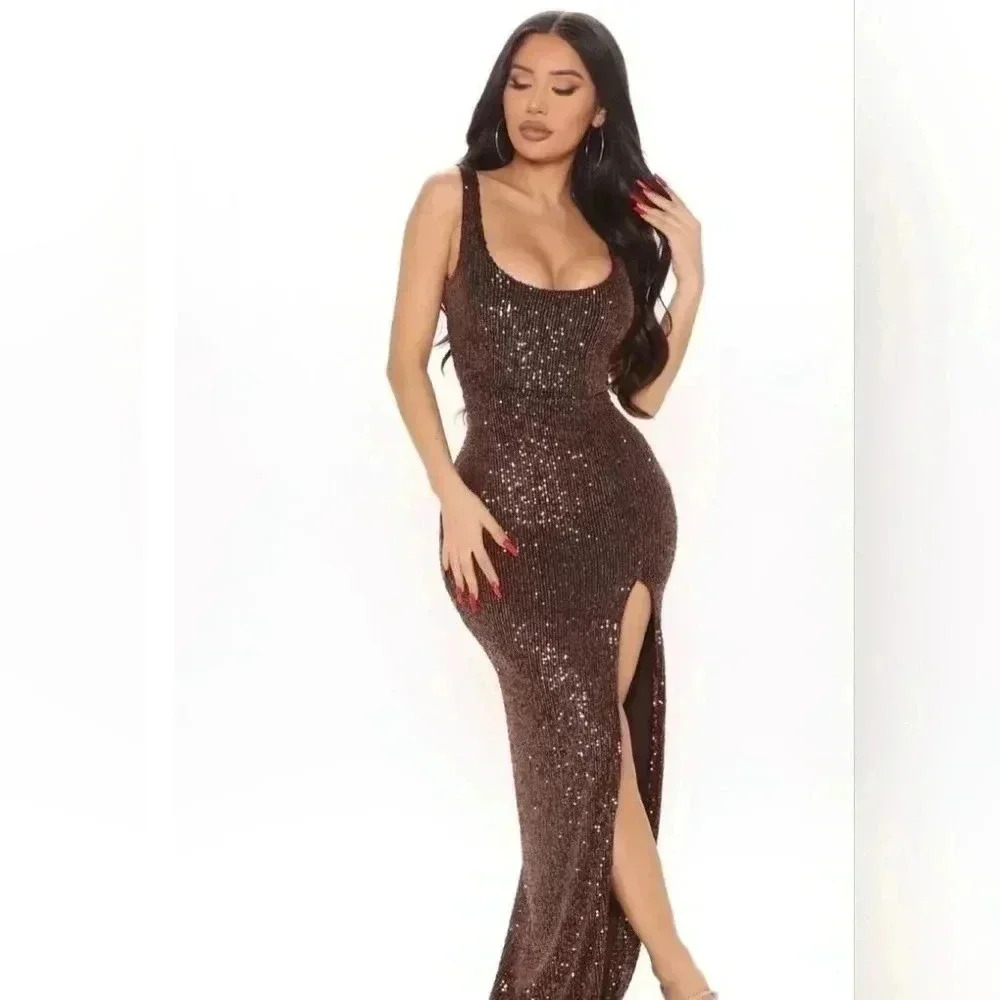 Fashion Nova Brown Sequin Maxi Dress with Side Slit